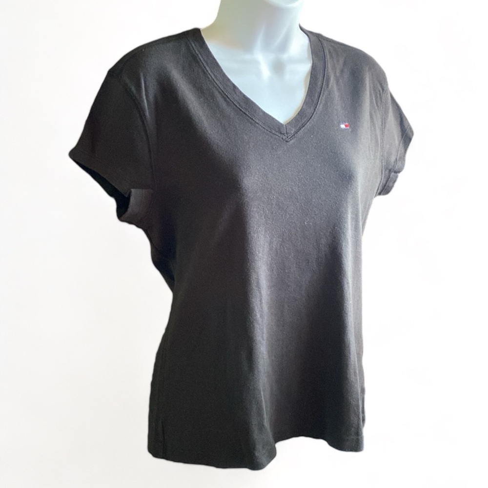 Tommy Hilfiger Black Knit Logo V-Neck Short Sleeve T-Shirt Women’s Size XL